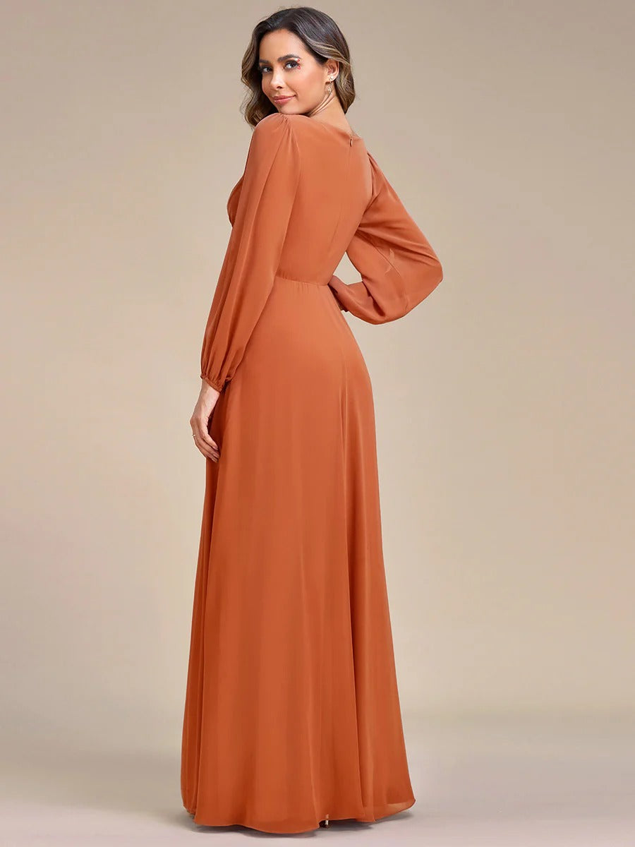 V-Neck Long Sleeve Chiffon Evening Dress