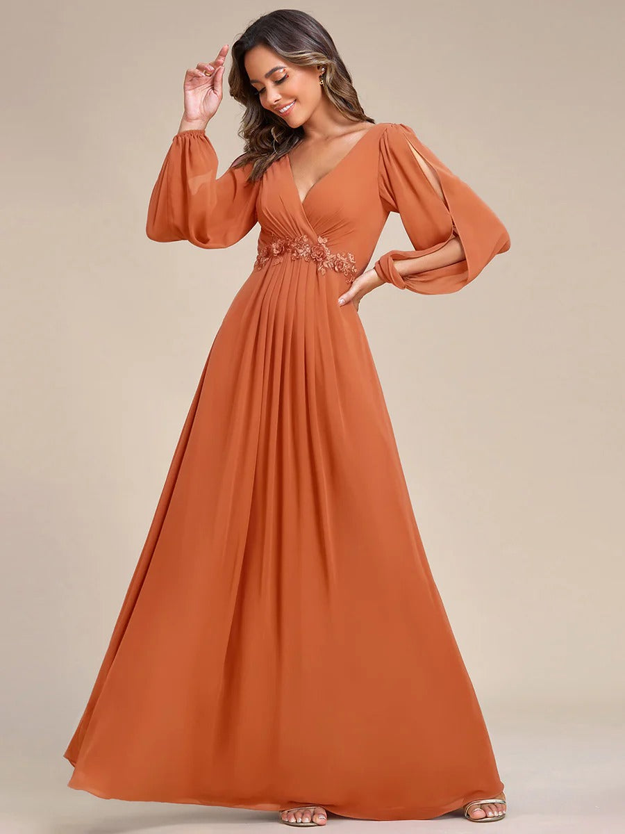 V-Neck Long Sleeve Chiffon Evening Dress