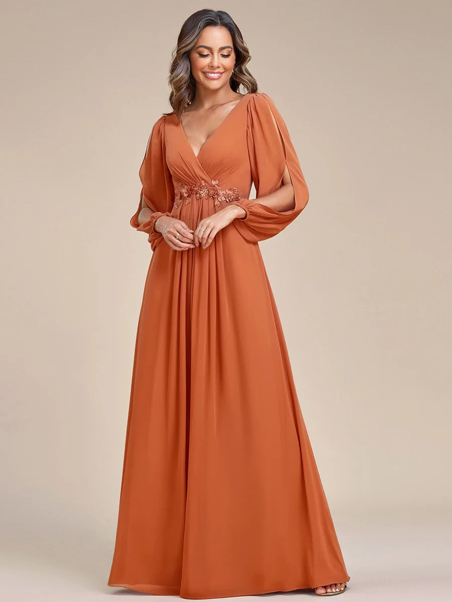 V-Neck Long Sleeve Chiffon Evening Dress