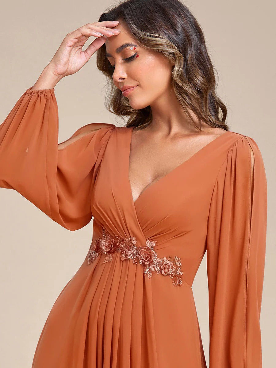 V-Neck Long Sleeve Chiffon Evening Dress