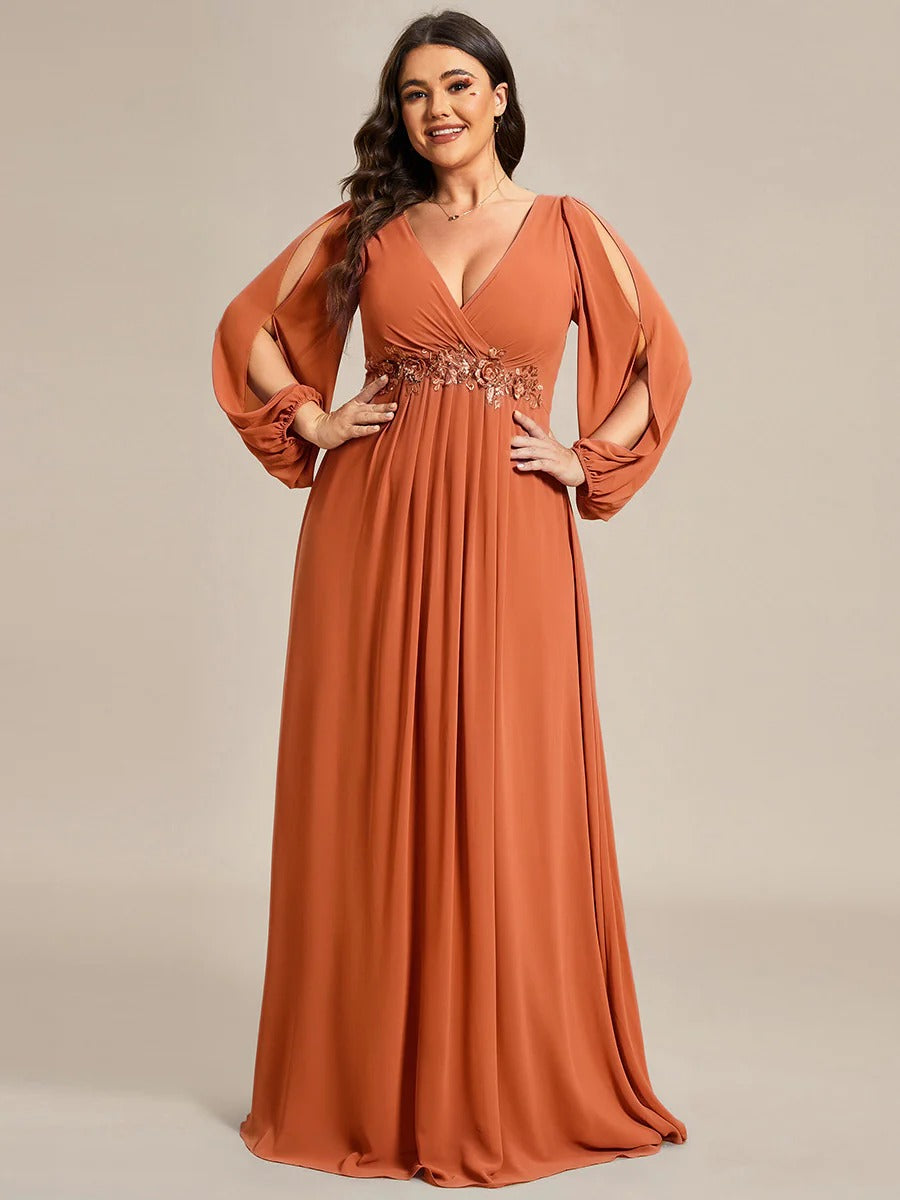 V-Neck Long Sleeve Chiffon Evening Dress