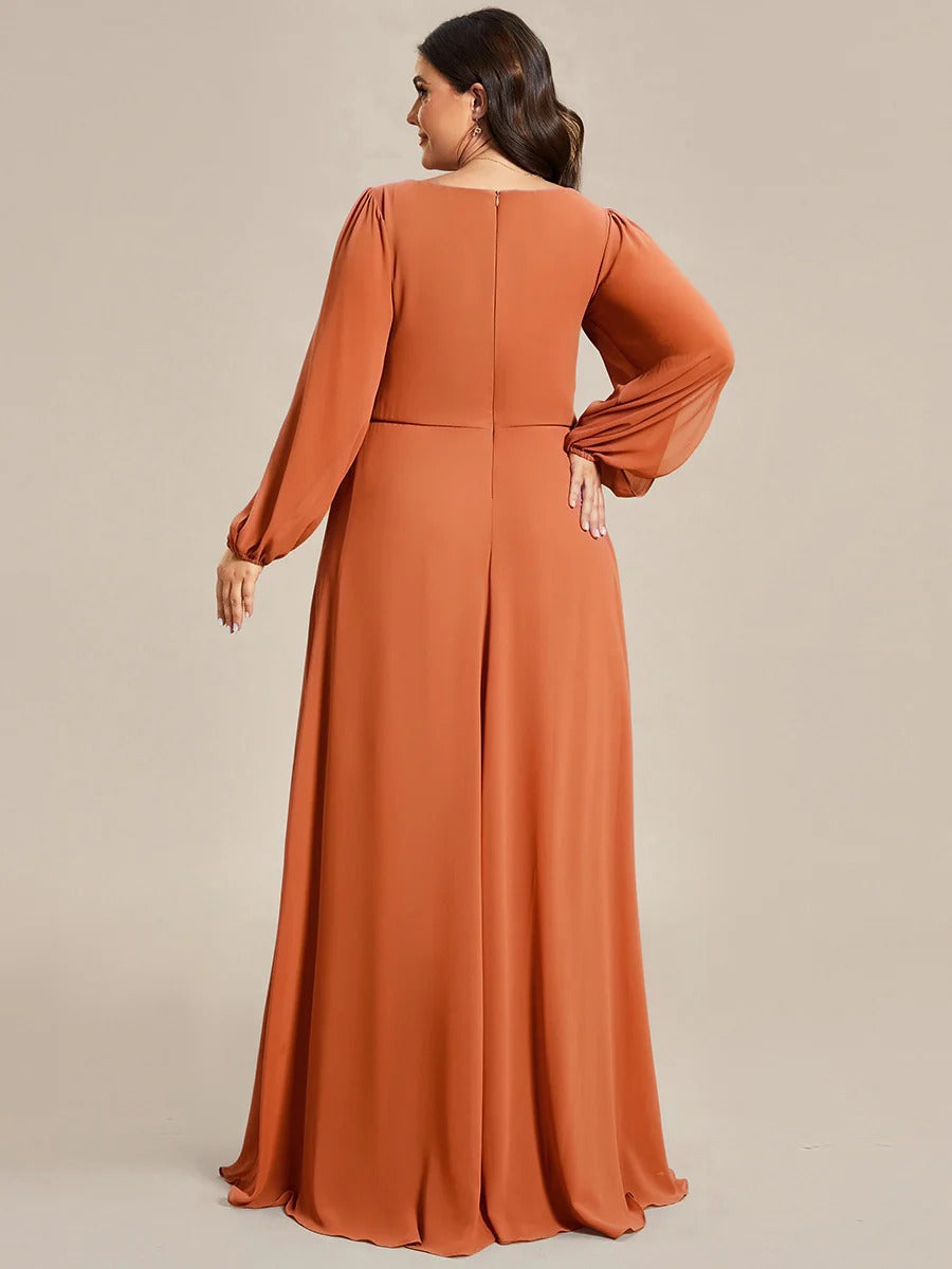 V-Neck Long Sleeve Chiffon Evening Dress