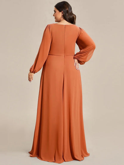 V-Neck Long Sleeve Chiffon Evening Dress