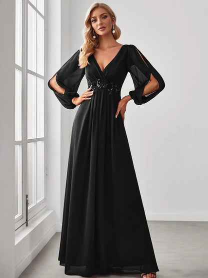 V-Neck Long Sleeve Chiffon Evening Dress