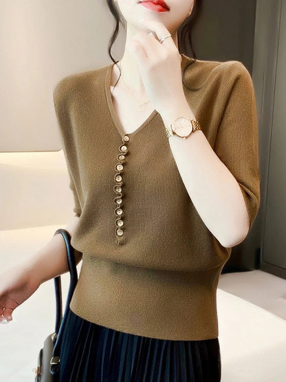 Women's V-Neck Button Knitted Top
