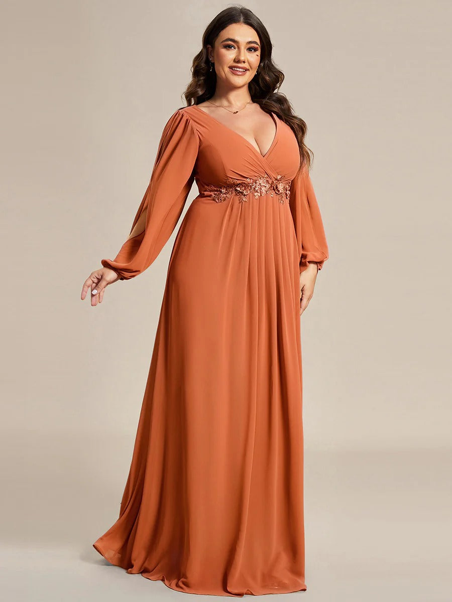 V-Neck Long Sleeve Chiffon Evening Dress