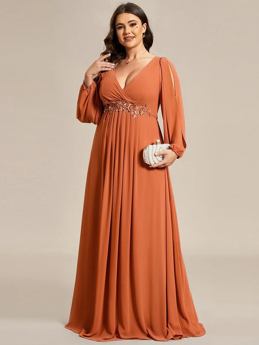 V-Neck Long Sleeve Chiffon Evening Dress