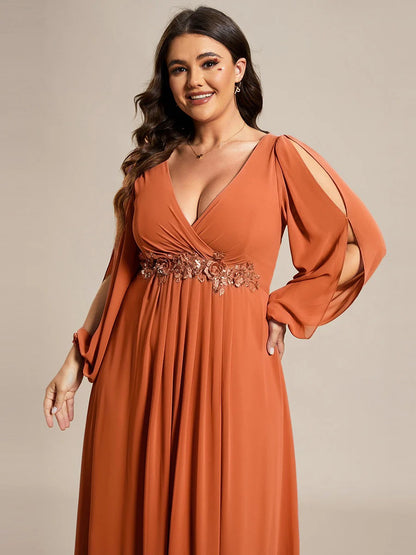 V-Neck Long Sleeve Chiffon Evening Dress