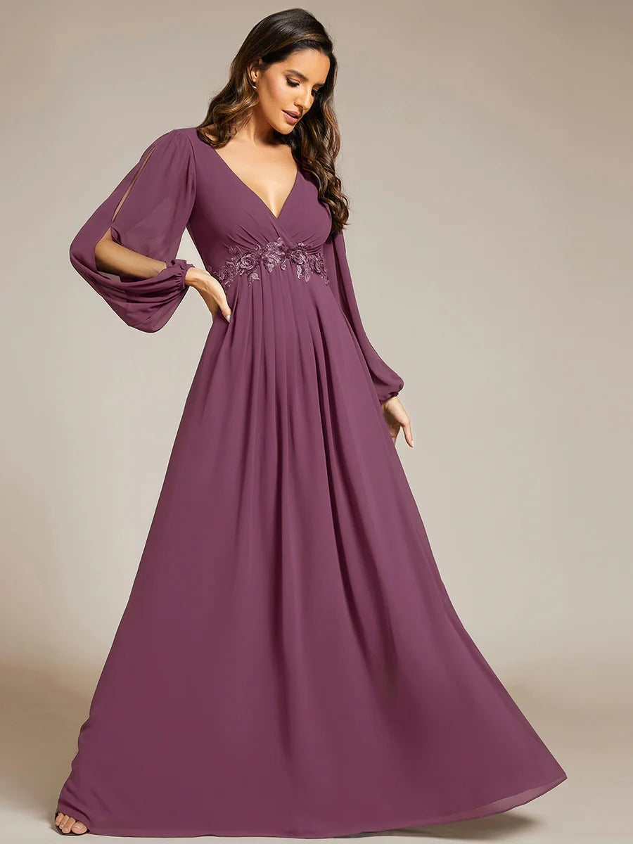 V-Neck Long Sleeve Chiffon Evening Dress