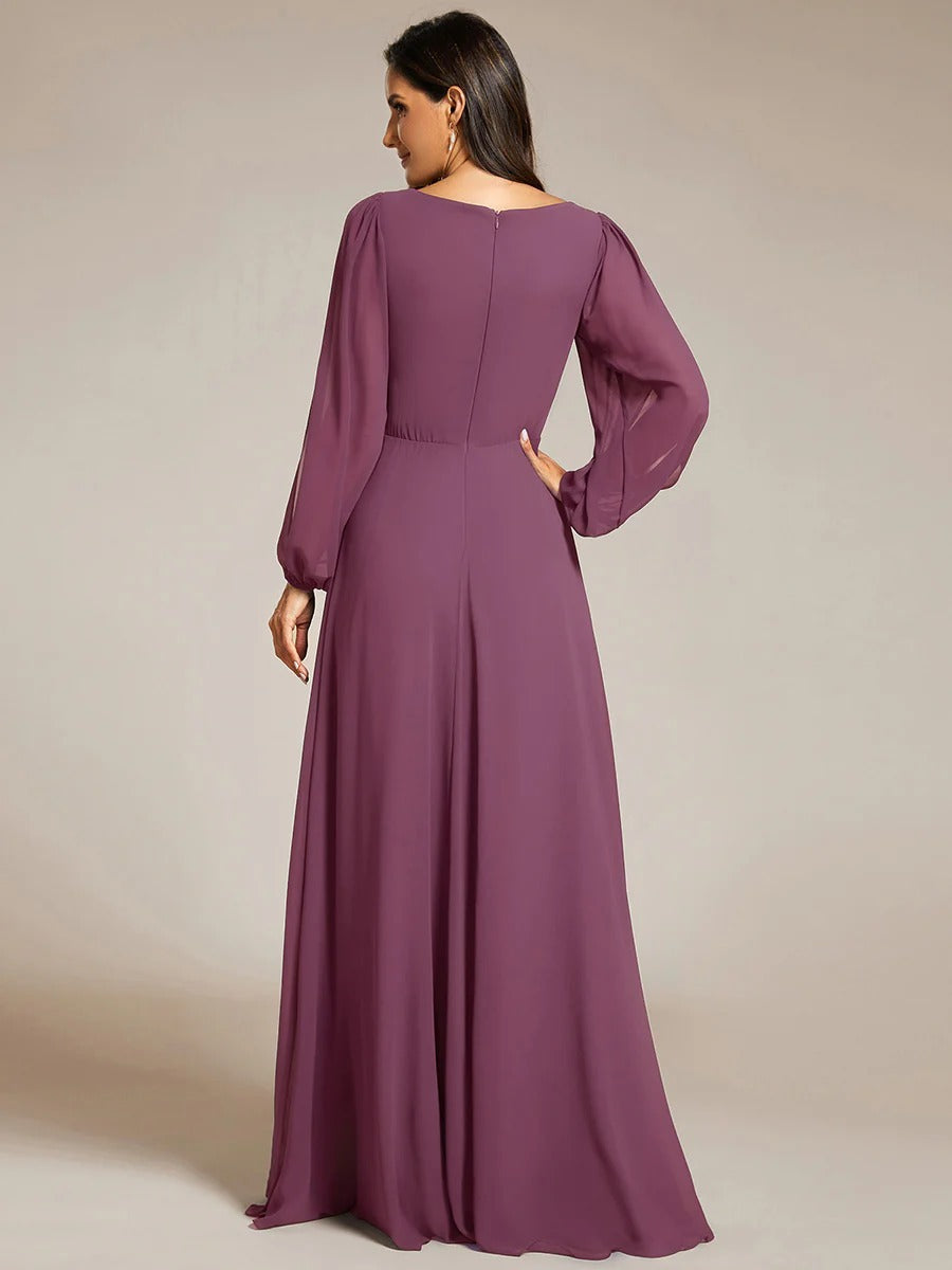 V-Neck Long Sleeve Chiffon Evening Dress