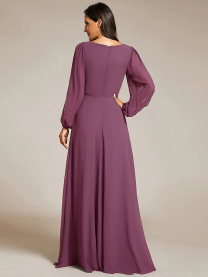 V-Neck Long Sleeve Chiffon Evening Dress