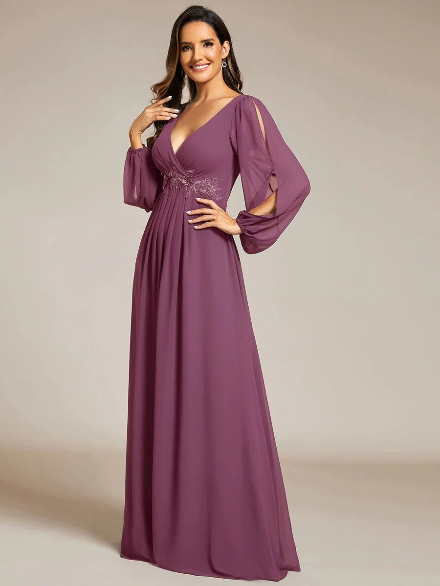 V-Neck Long Sleeve Chiffon Evening Dress