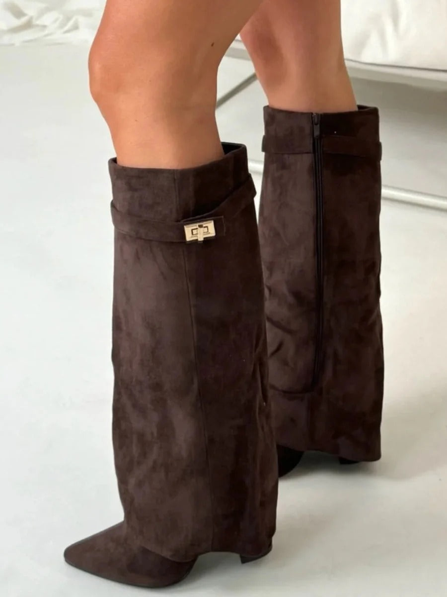 Women's Suede & Leather Boots with Golden Accents