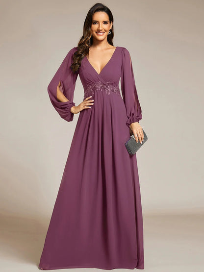 V-Neck Long Sleeve Chiffon Evening Dress