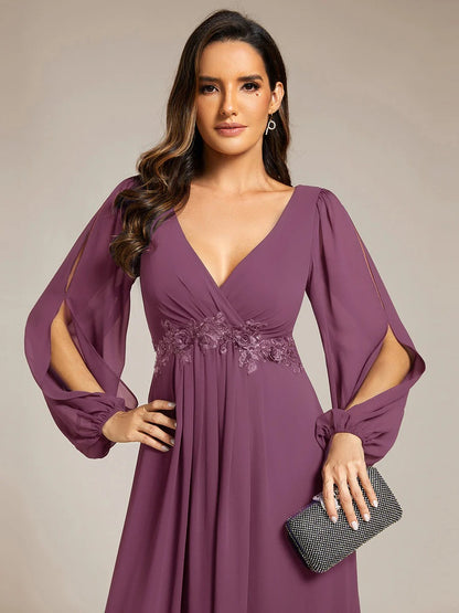 V-Neck Long Sleeve Chiffon Evening Dress