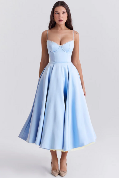 Bustier Midi Dress with Lace Trim and Full Skirt