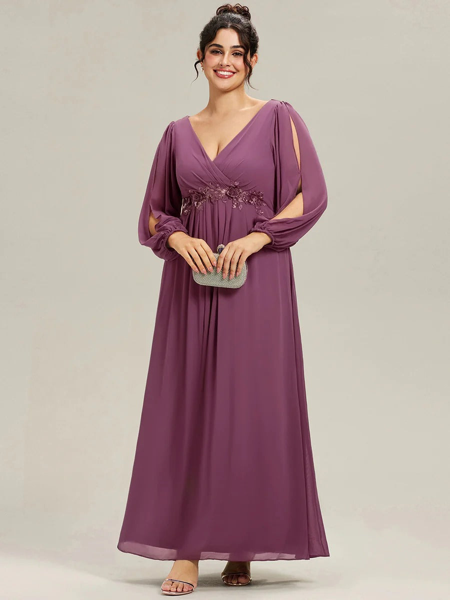 V-Neck Long Sleeve Chiffon Evening Dress