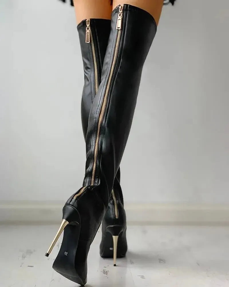 Over-the-Knee Boots with Gold Block Heel