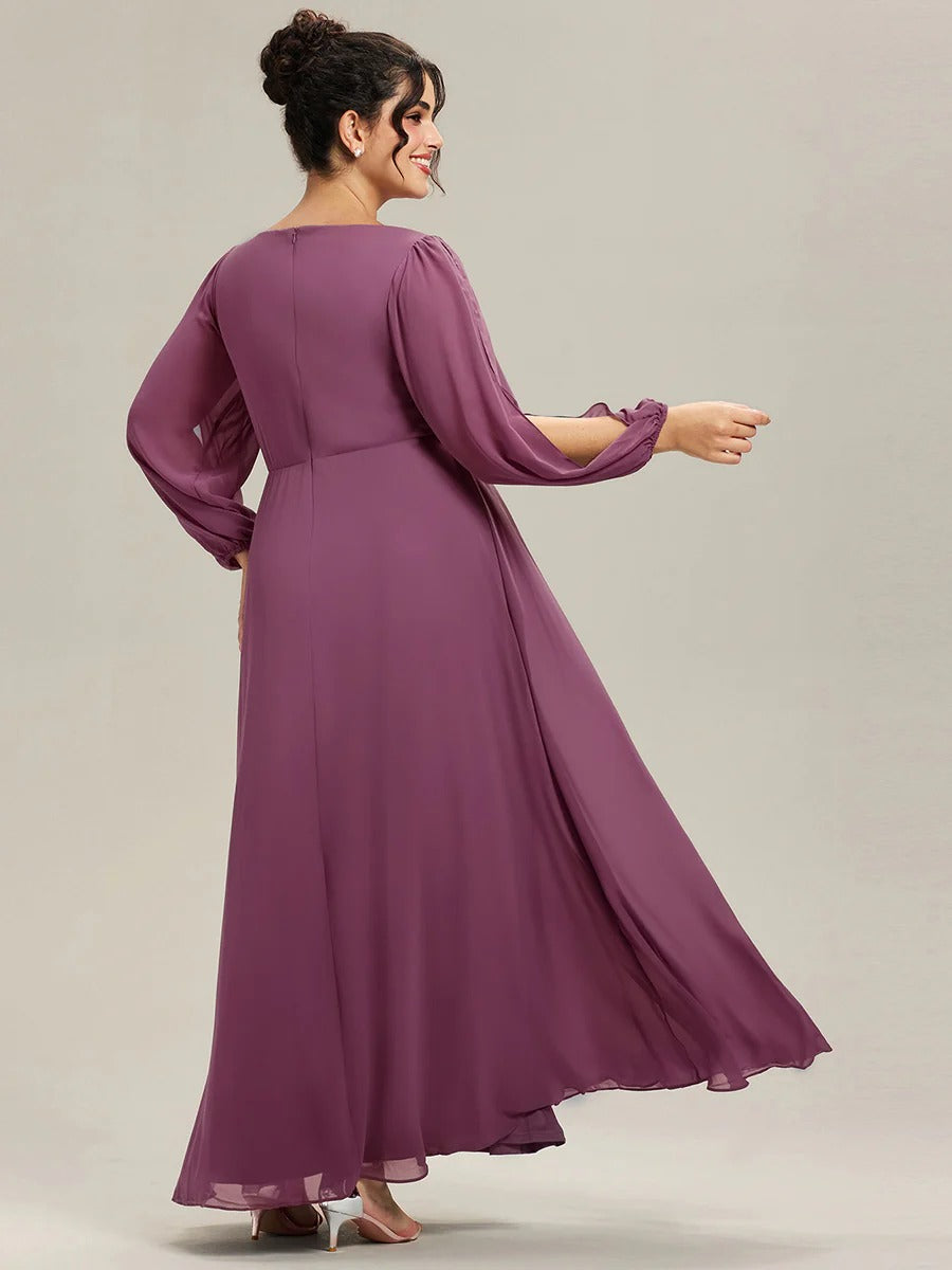 V-Neck Long Sleeve Chiffon Evening Dress