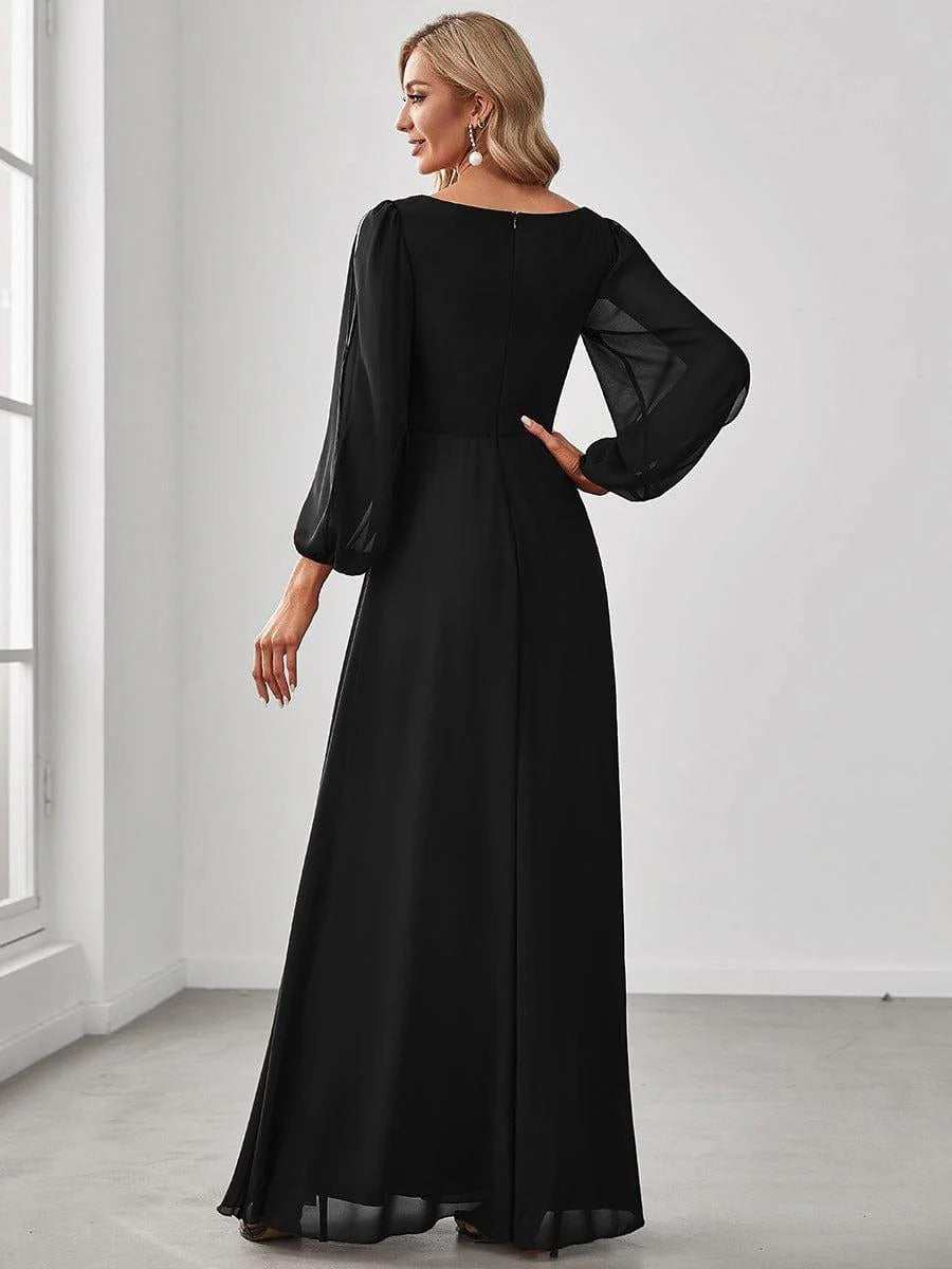 V-Neck Long Sleeve Chiffon Evening Dress