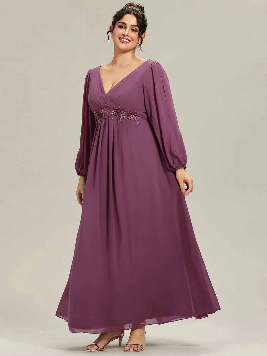 V-Neck Long Sleeve Chiffon Evening Dress