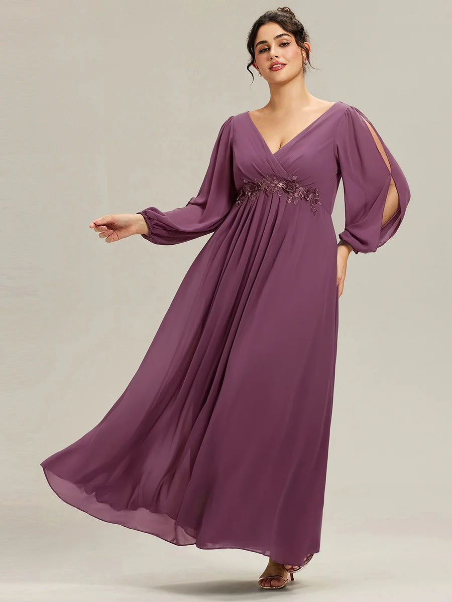 V-Neck Long Sleeve Chiffon Evening Dress