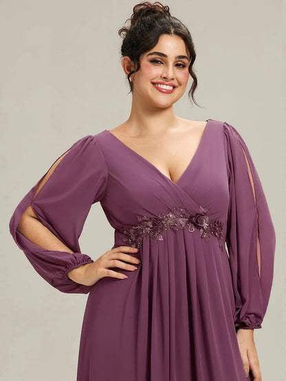 V-Neck Long Sleeve Chiffon Evening Dress