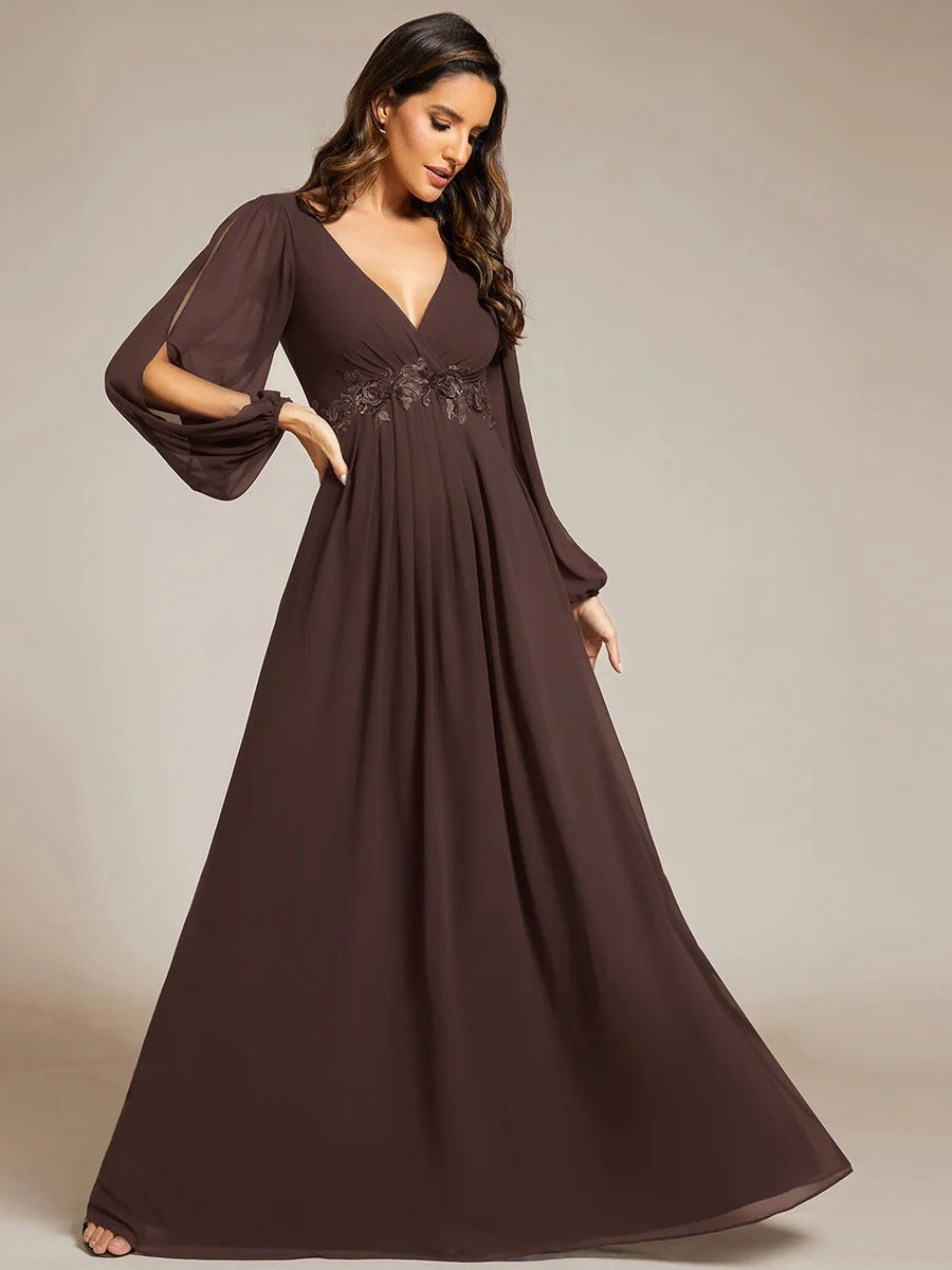 V-Neck Long Sleeve Chiffon Evening Dress
