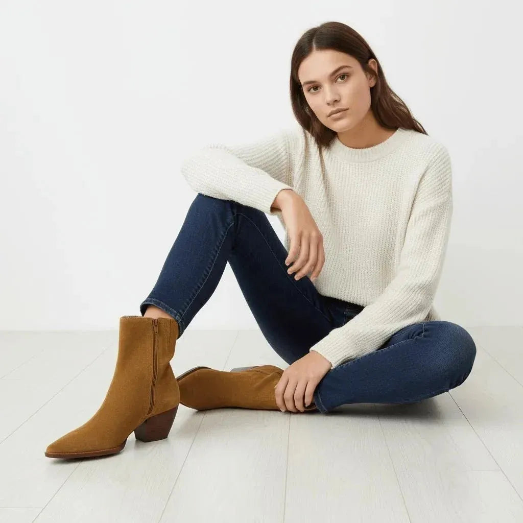 Western Ankle Boots in Suede with Wooden Block Heel