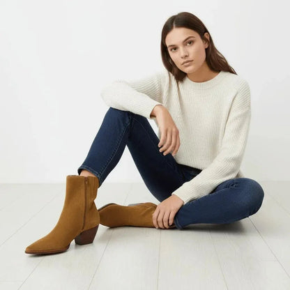 Western Ankle Boots in Suede with Wooden Block Heel
