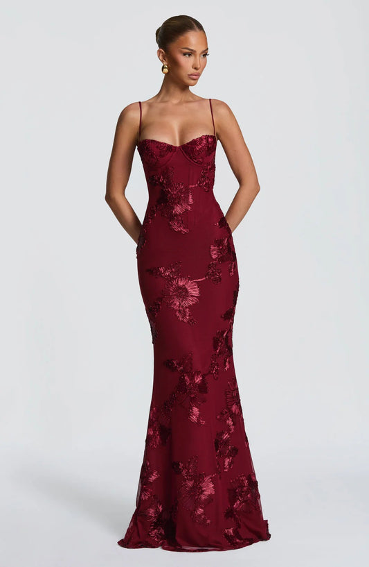 Sweetheart Floral Applique Maxi Dress with Open Back