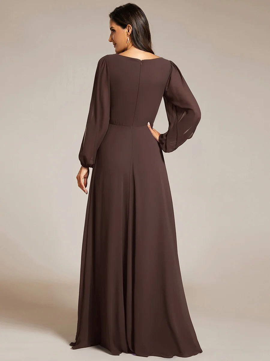 V-Neck Long Sleeve Chiffon Evening Dress