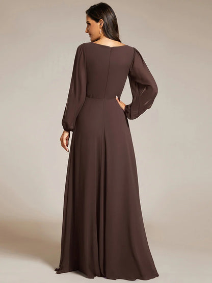 V-Neck Long Sleeve Chiffon Evening Dress