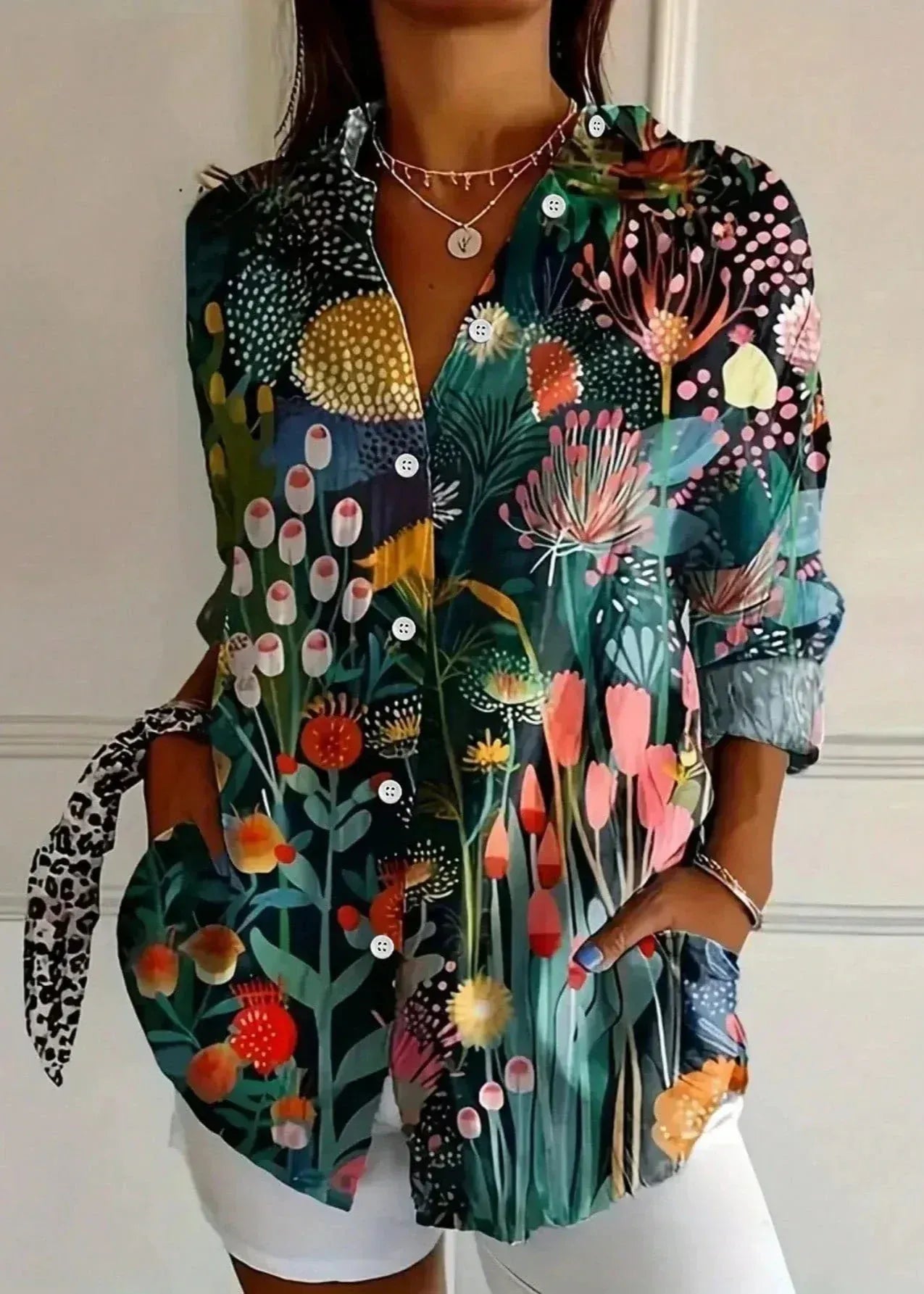 Cotton Printed Button-Up Blouse