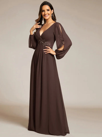V-Neck Long Sleeve Chiffon Evening Dress