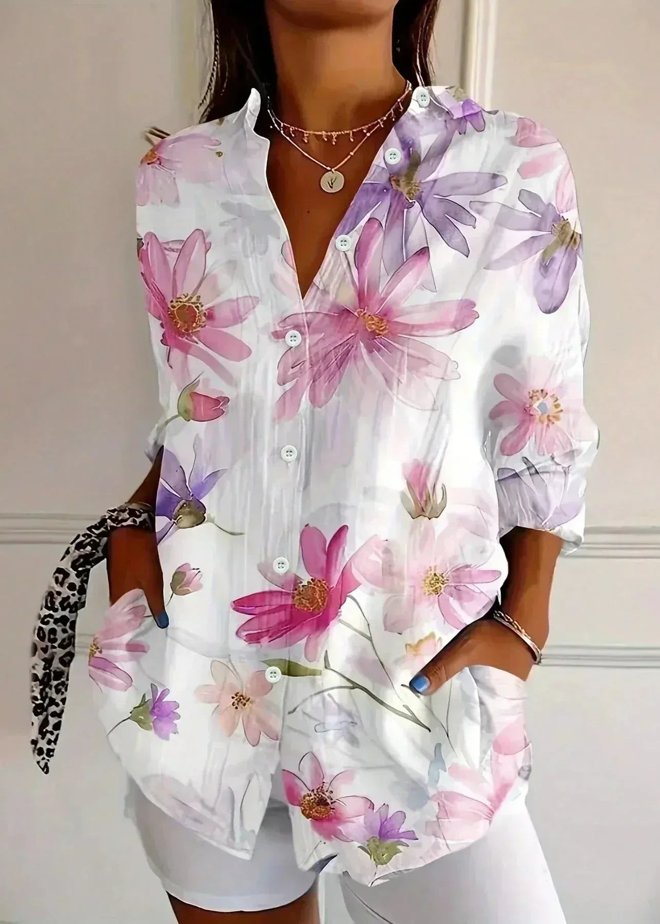 Cotton Printed Button-Up Blouse