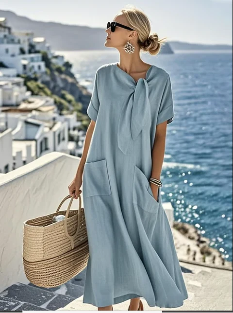 Relaxed Fit Dress with Neck Tie and Pockets