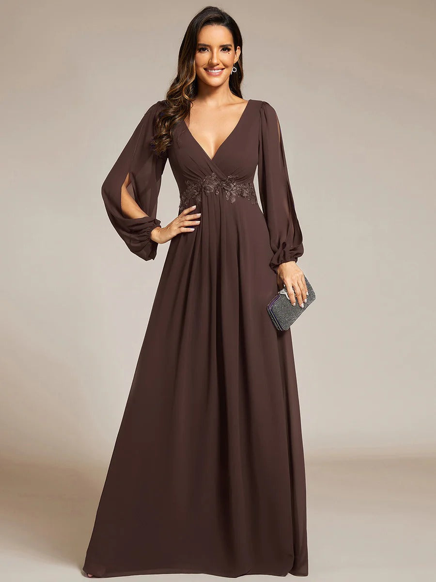 V-Neck Long Sleeve Chiffon Evening Dress