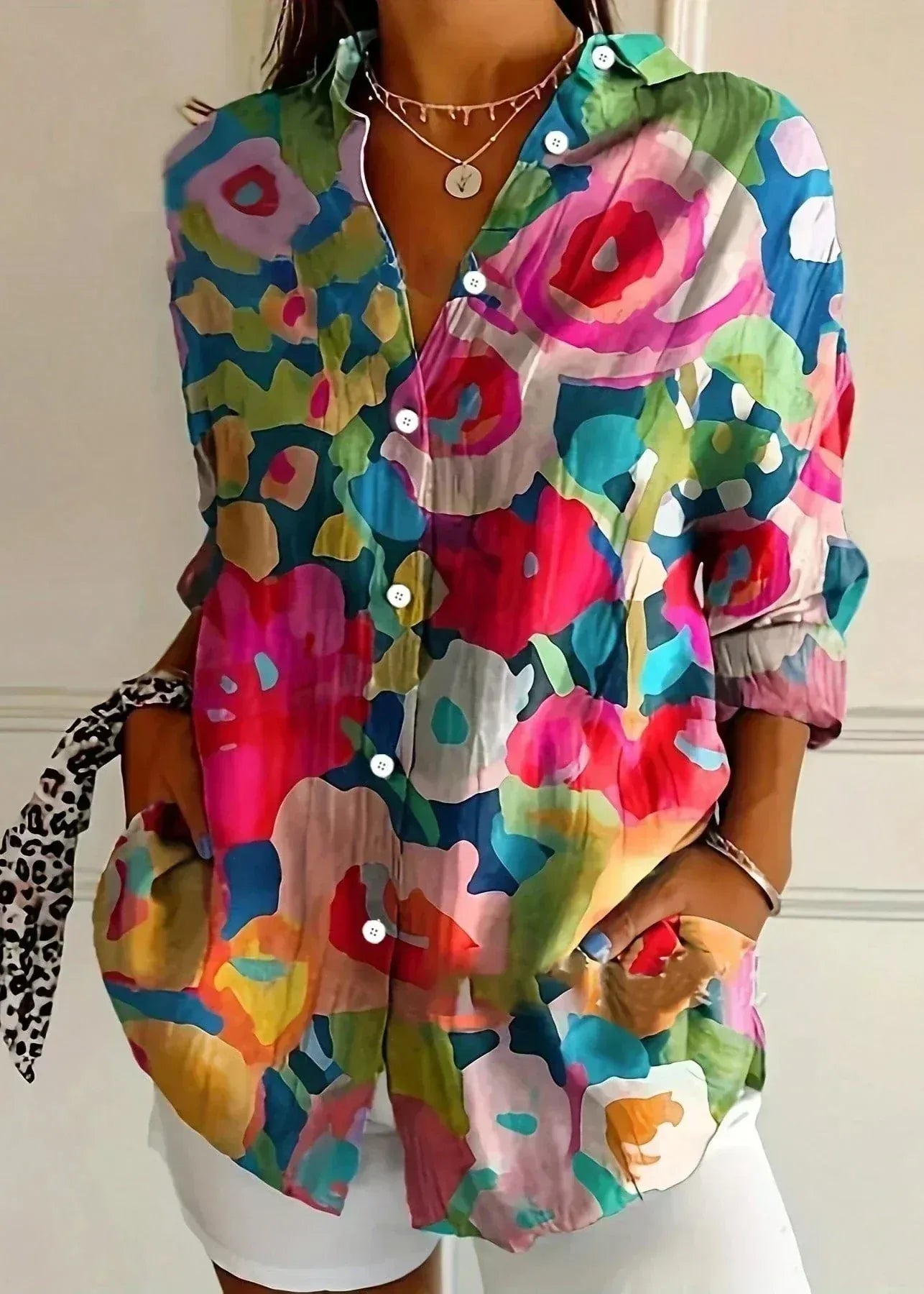 Cotton Printed Button-Up Blouse