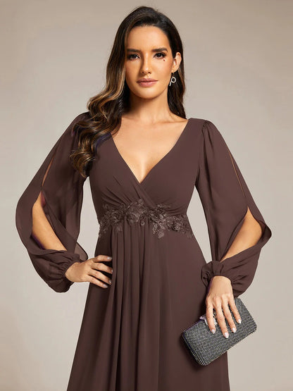 V-Neck Long Sleeve Chiffon Evening Dress
