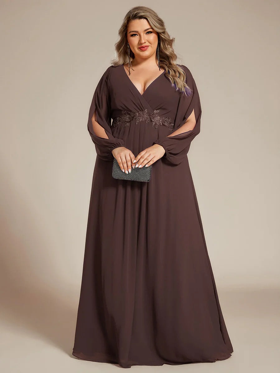 V-Neck Long Sleeve Chiffon Evening Dress