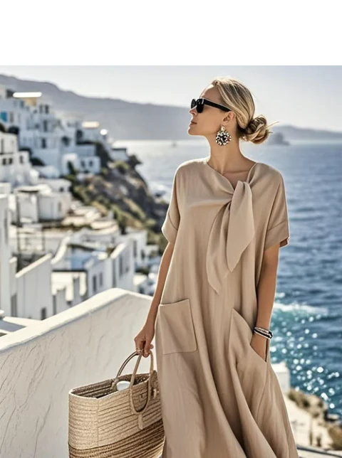 Relaxed Fit Dress with Neck Tie and Pockets