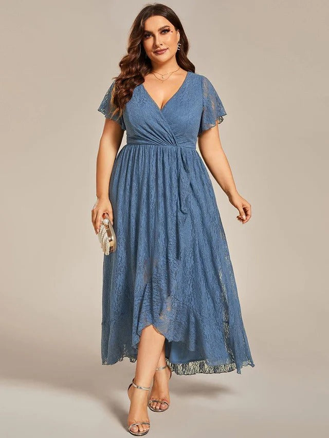 Plus Size Ruffled Lace Formal Evening Dress