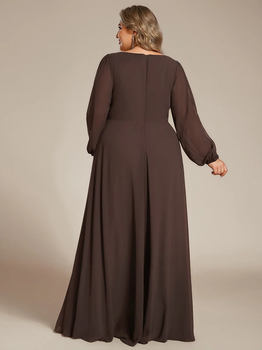 V-Neck Long Sleeve Chiffon Evening Dress