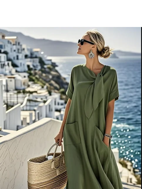 Relaxed Fit Dress with Neck Tie and Pockets