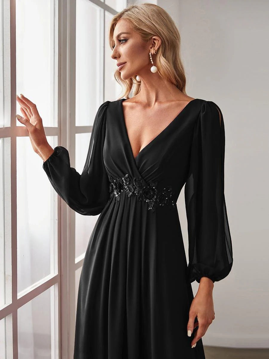 V-Neck Long Sleeve Chiffon Evening Dress