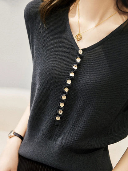 Women's V-Neck Button Knitted Top