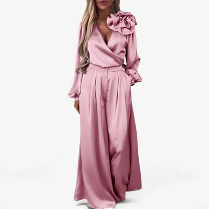 Frida V-Neck Blouse and Trousers Set