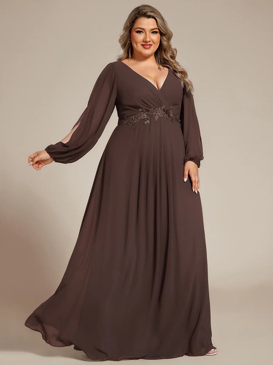 V-Neck Long Sleeve Chiffon Evening Dress