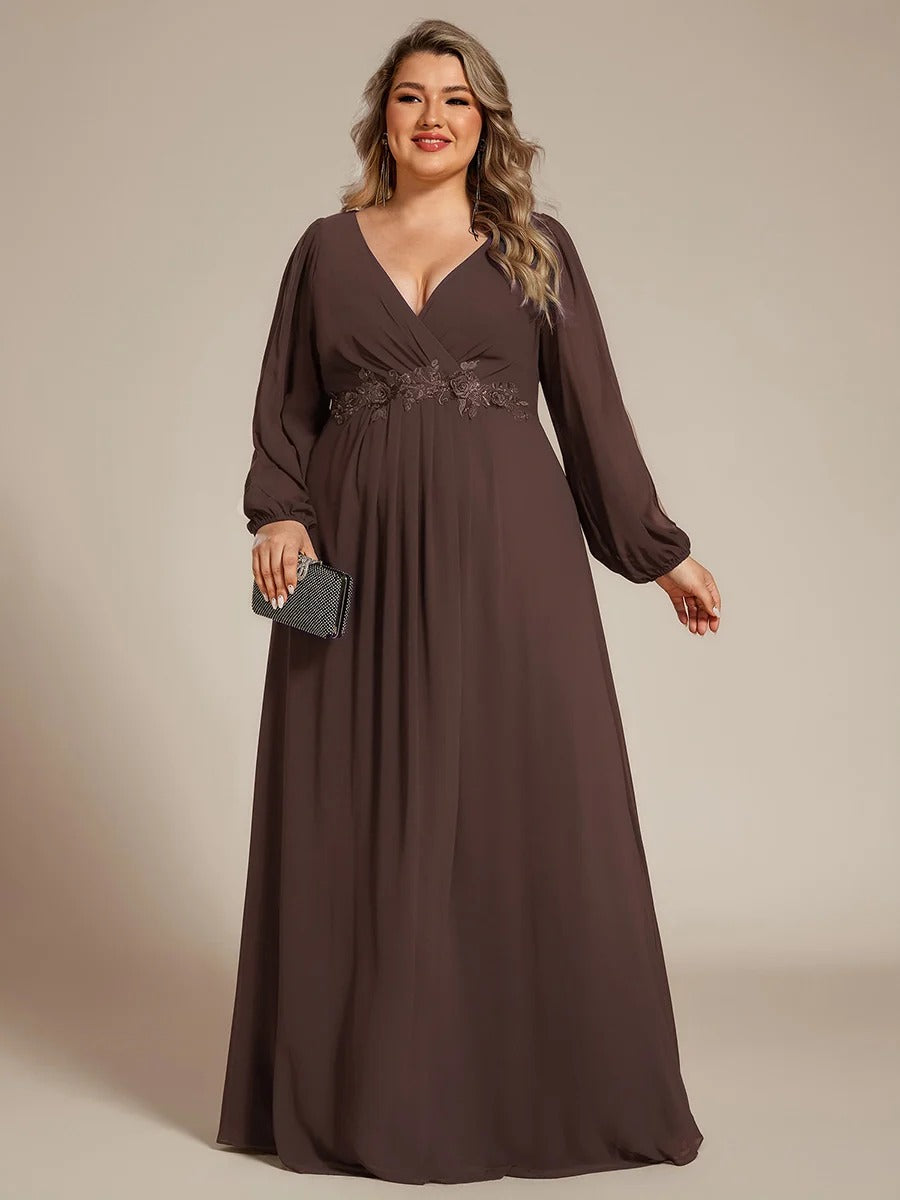 V-Neck Long Sleeve Chiffon Evening Dress